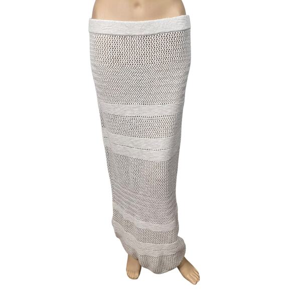 Abercrombie & Fitch Beige Sheer Stripe Crochet Cover Up Maxi Skirt SZ L - Picture 2 of 9